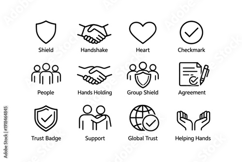 Icons of trust and support: shield, handshake, heart, checkmark, global trust