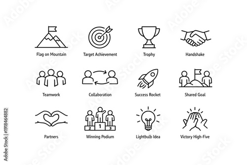 Business icons set featuring teamwork, success, collaboration, and goals