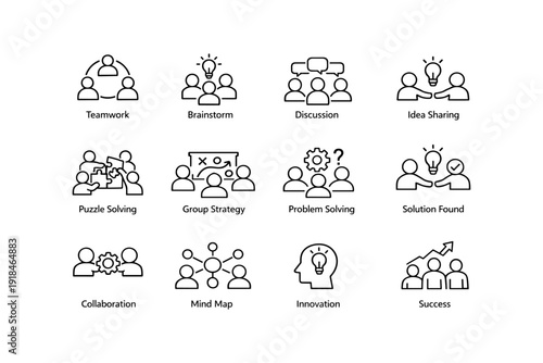 Icon set illustrating teamwork, brainstorming, problem solving, innovation, and success