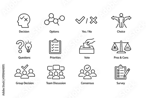 Decision making icons set: vote, choice, survey, discussion, consensus
