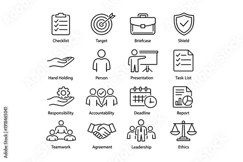 Business icons set: checklist, target, presentation, leadership, ethics
