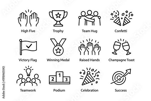 Celebratory icons: high five, trophy, team hug, confetti, victory flag, winning medal