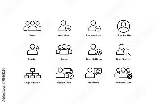 User interface icons: team, add user, remove user, profile, leader, group, settings