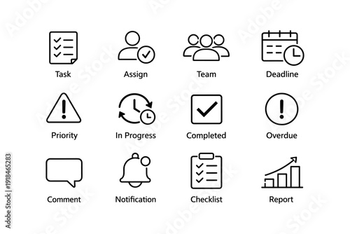 Task management icons: checklist, team, deadline, comments, report