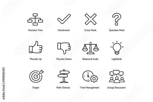 Set of business icons: decision tree, checkmark, cross, question mark, thumbs up, thumbs down