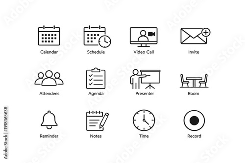 Office icons set for meetings and scheduling: calendar, video call, agenda, presenter