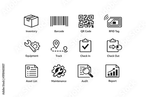 Inventory management icons: barcode, qr code, rfid tag, equipment, audit, report
