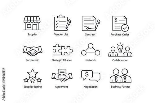 Business icons: supplier, contract, partnership, negotiation, collaboration, network, agreement