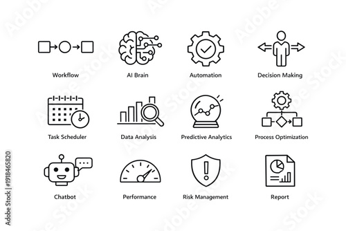 Illustrated collection of business and technology icons for workflow and data analysis
