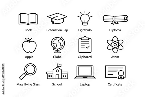 Educational icons set: book, graduation cap, lightbulb, diploma, apple