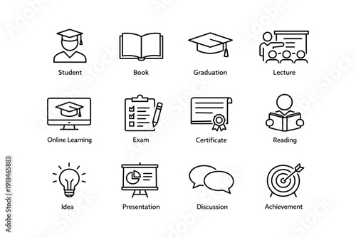 Educational icons: graduation, lecture, online learning, certificate, presentation, idea