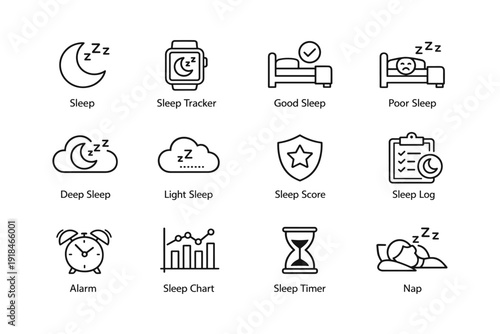 Sleep icons: tracker, alarm, timer, bed, nap, cloud, chart, log, score