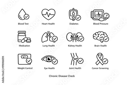 Chronic disease check icons: blood heart diabetes kidney brain health