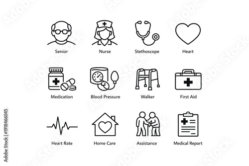 Healthcare icons: senior care, medical equipment, home care, first aid essentials