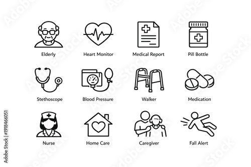 Elderly care icons: heart, medical, medication, nursing, safety, support