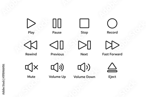 Set of media control icons: play, pause, stop, record, fast forward, mute, volume