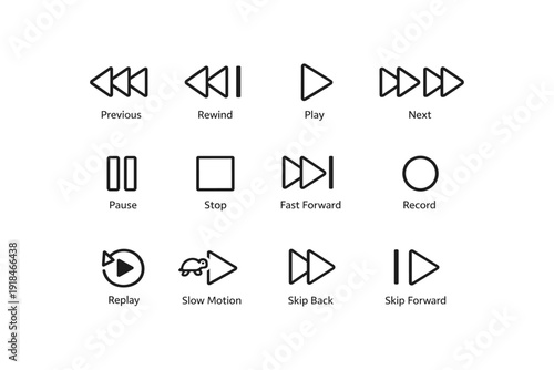 Media control icons: play, pause, record, rewind, fast forward symbols