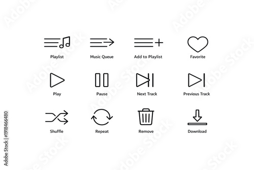 Music player icons set: playlist, play, pause, next, previous, shuffle, repeat