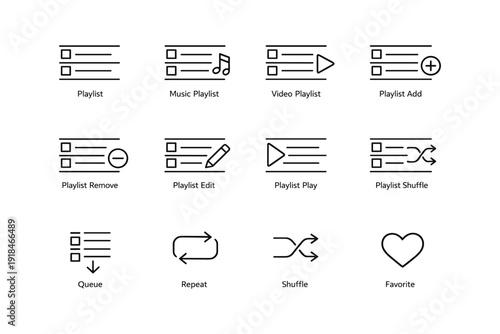 Music and video playlist icons: edit, play, remove, shuffle, repeat, favorite