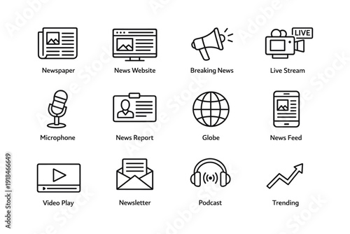Media and communication icons: newspaper, news website, live stream, podcast, trending