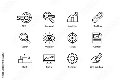 Seo and digital marketing icons set: analytics, keyword, link building, traffic