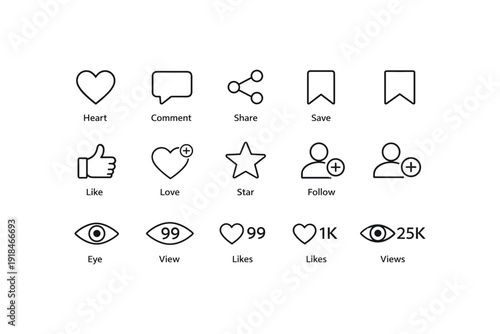Social media icon set: heart, comment, share, save, like, love, star, follow, eye, view