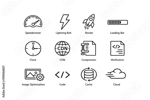 Web performance icons: speedometer, lightning bolt, rocket, loading bar, and more