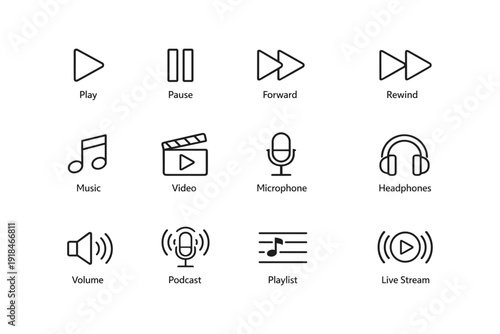 Media icons set: play, pause, forward, rewind, music, video, microphone, headphones