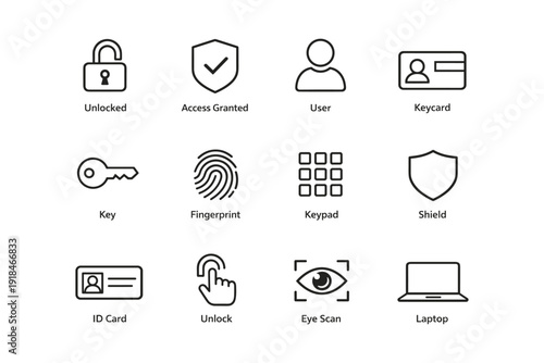 Security icons: key, shield, fingerprint, id card, laptop, user