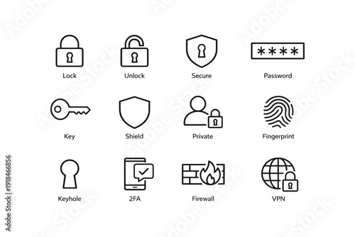 Security icons collection: lock, unlock, secure, password, key, shield, private, fingerprint