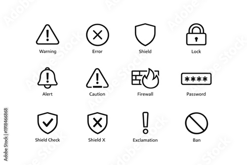 Security icons set: warning, error, shield, lock, and more