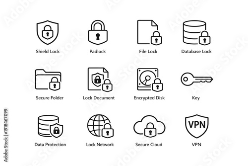 Security icons: shield, padlock, file, database, folder, disk, key, network, cloud, vpn