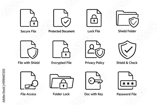 Secure document icons: shield, lock, key, privacy, encryption