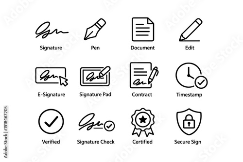 Signature and contract icons: e-signature, document, timestamp, certified, secure sign
