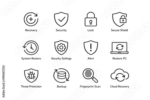 Cybersecurity icons set: lock, shield, scan, restore, protection symbols