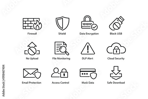 Cybersecurity icons: firewall, shield, data encryption, usb protection, and more