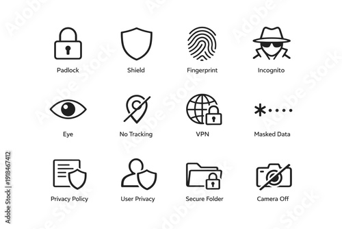 Cybersecurity icons collection: protection, privacy, and secure data symbols