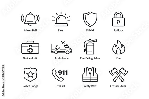 Emergency and safety icons: alarm, siren, shield, padlock, first aid, ambulance, fire extinguisher