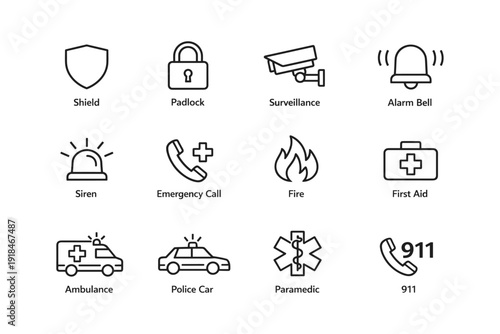 Emergency icon set featuring shield, padlock, surveillance, bell, siren, ambulance, police car, 911, fire