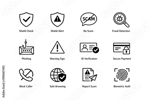 Cybersecurity icons: shield check, no scam, fraud detection, secure payment, block caller