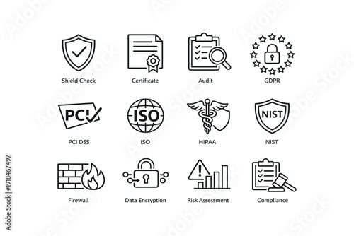 Security compliance icons: shield, gdpr, pci dss, iso, hipaa, nist
