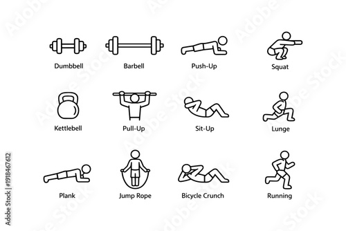 Icon set of fitness exercises including dumbbell and running