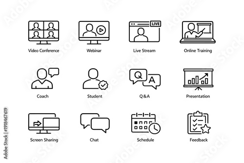 Video conference and online training icon set for digital communication