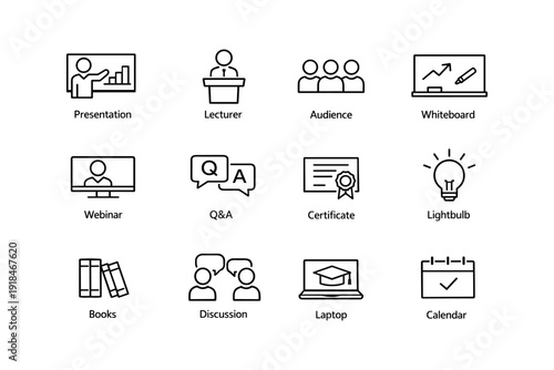 Education and training icons: presentation, lecturer, audience, webinar, certificate, discussion