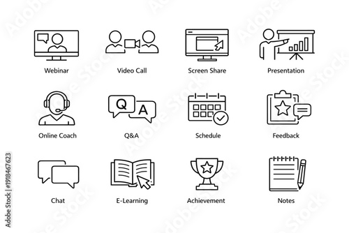 Virtual communication and learning icons: webinar, video call, schedule, feedback
