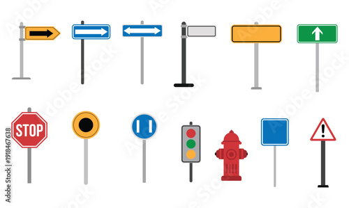 Road Sign Collection Vector Set – Traffic Signs, Direction Signs and Street Elements Illustration