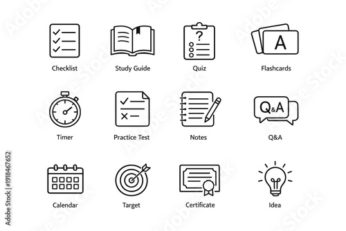 Educational icons collection featuring study tools and learning resources
