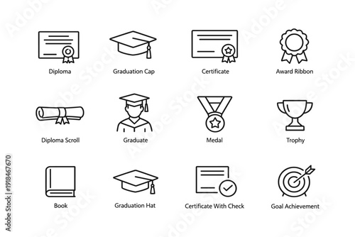 Academic achievement icons: diploma, graduation cap, medal, trophy, award, certificate