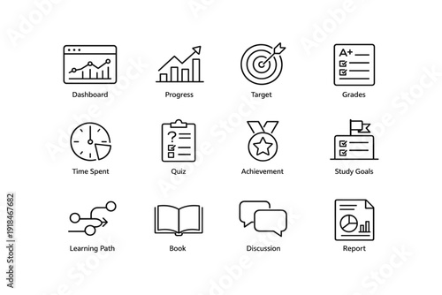 Educational icons: dashboard, progress, target, grades, time management, learning path