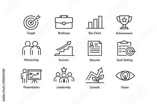 Icons of business success: target, mentorship, achievement, growth, vision
